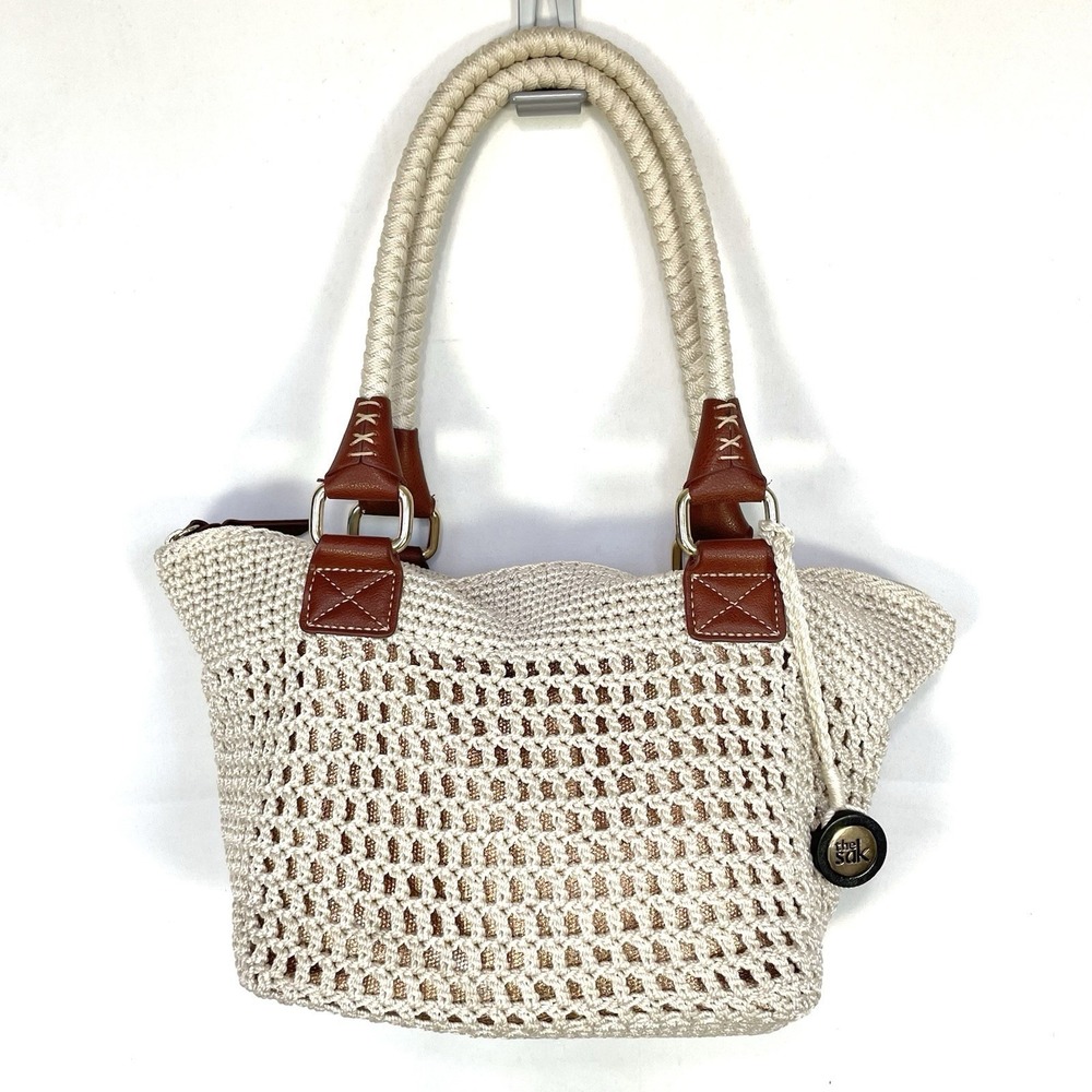 The Sak Cambria Crochet Tote Bag Gold Lined Boho Woven Shoulder Purse - Picture 3 of 13